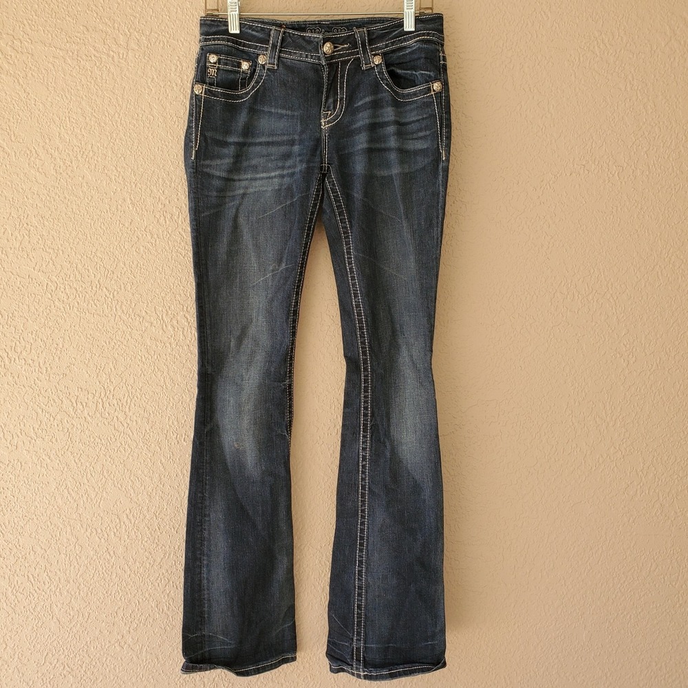 Women's Miss Me  Sz 28 Rhinestone Embellished Fleur-de-lis Boot Cut Jeans Dark